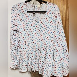 Jane&delaney XL Women Long Sleeve Ruffle Wrists Peplum Tiny Heart Print Pattern